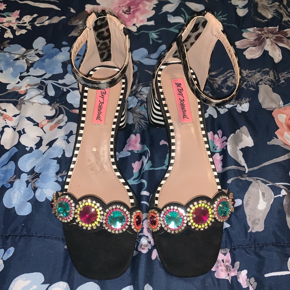Betsey Johnson Stripe Block Heel With Gem Toe